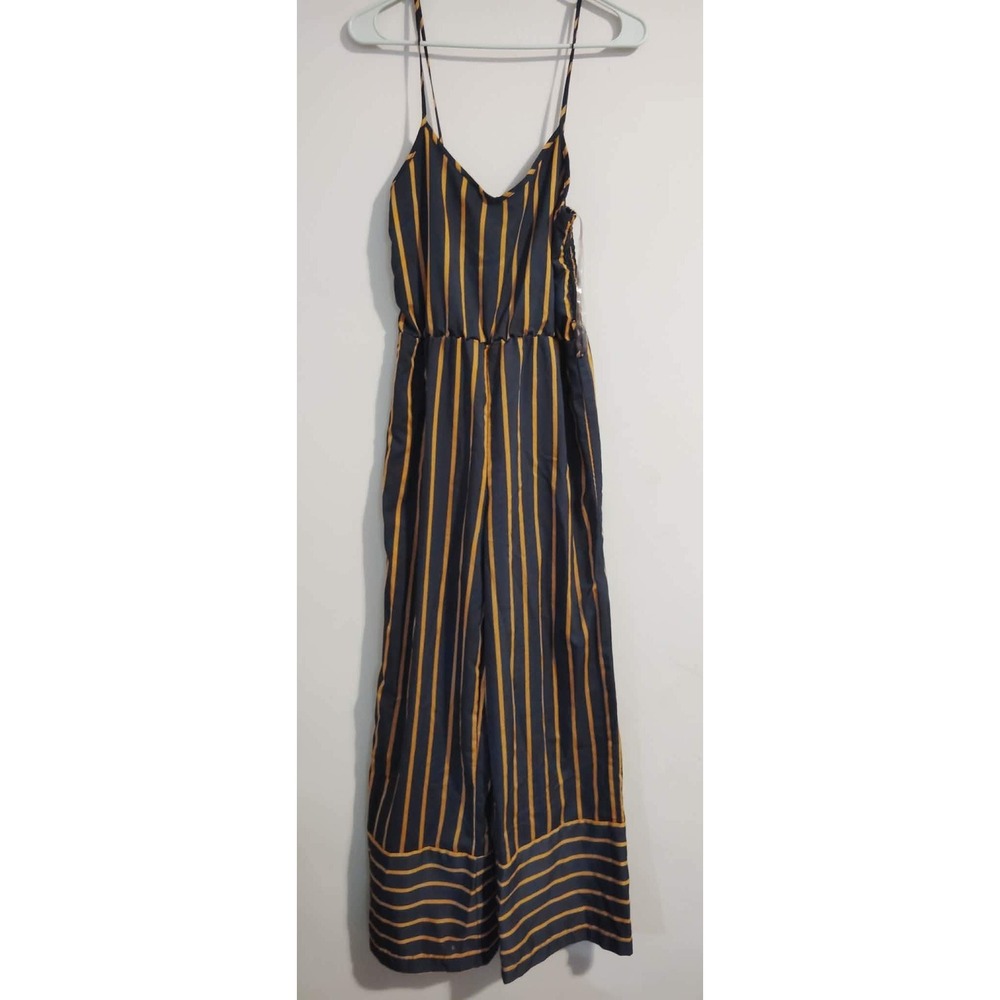 Purple Snow‎ Women's Navy Blue Yellow Striped Wide Leg V-Neck Jumpsuit Size M